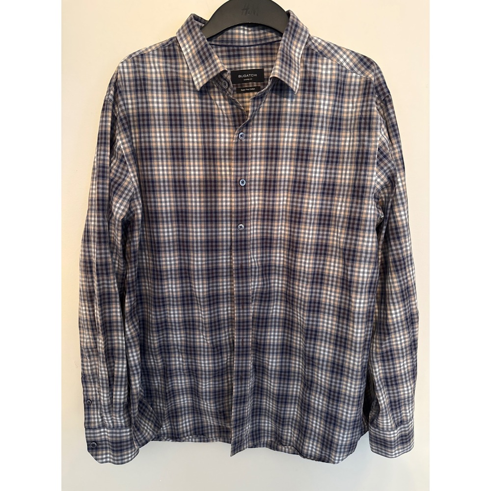 Bugatchi Uomo Mens XXL Shaped Fit Super Fine Cotton Plaid Button Down Shirt Tan